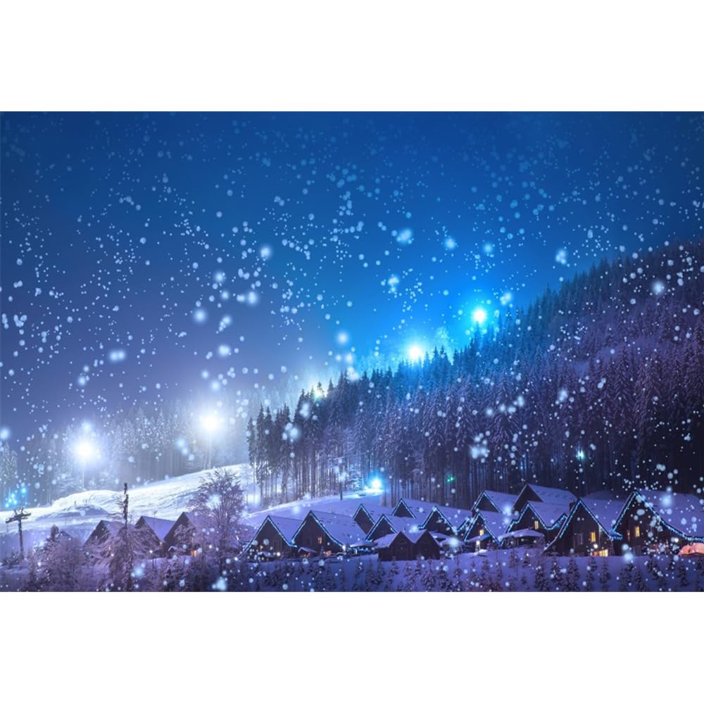 Leowefowa 10x7ft Christmas Backdrop Rustic Village Night View Forest Trees Snowing Shining Lights Blue Sky Winter Xmas Vinyl Photography Background