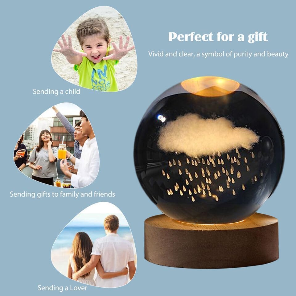 Image of 3D Cloud Rain Crystal Night Lamp, Creative Engraved LED Light, USB Table Wooden Crystal for Home Office Decoration Birthday Gift