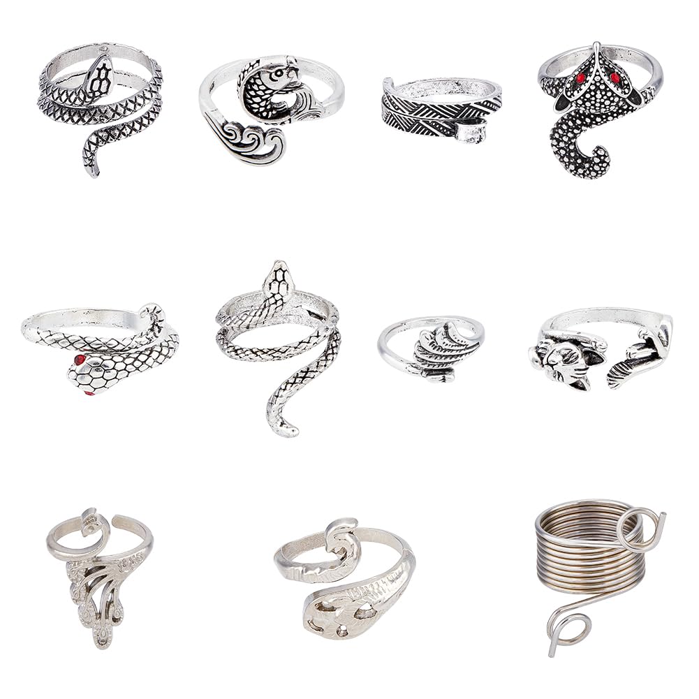 HOBBIESAY 11 Style Antique Silver Knot Knitted Loop Crochets with Koi Fish Snake Shape Adjustable Peacock Fox Knitted Crochet Loops Women Alloy Yarn Guide Crochet Rings for Knitting Crafts