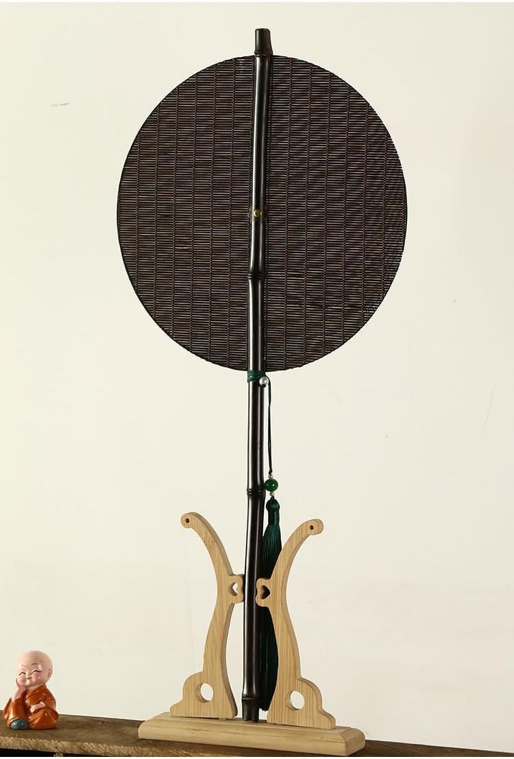 Traditional Chinese Round Bamboo Hand Fan, Ancient Palace Style, with Green Tassel, 9 Inch Diameter, Summer Cooling Accessory