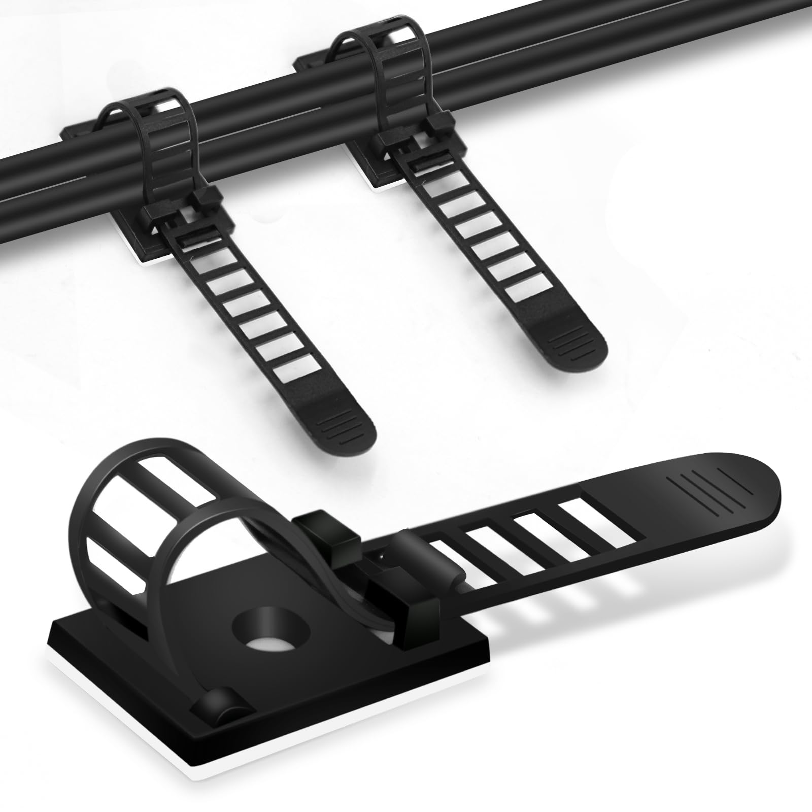 Guzeelu Black 50 Pcs Adhesive Cable Clips, Adjustable Self Adhesive Cable Clips For Wire Management, Nylon Cable Management Clips With Strong Sticky Base, Reusable Velcro Cable Ties For Office And Home
