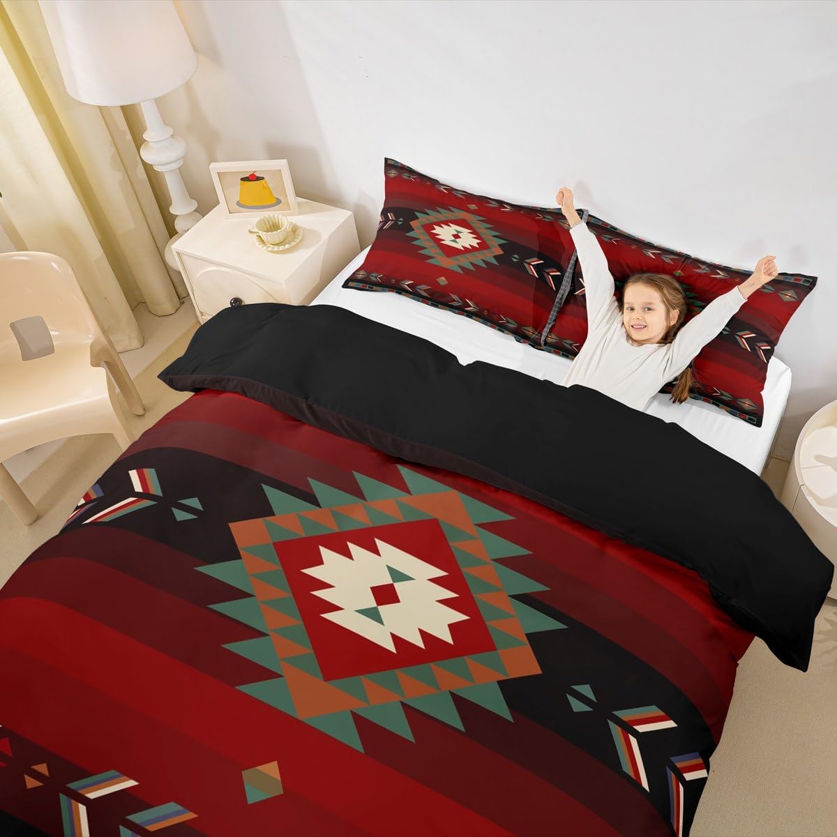 Feelyou King Size Southwest Native Design Duvet Cover Southwestern Geometric Bedding Set for Kids Ultra Soft Tribal Comforter Cover Set Red Green Bedspread Cover Room Decor Bedclothes Zipper