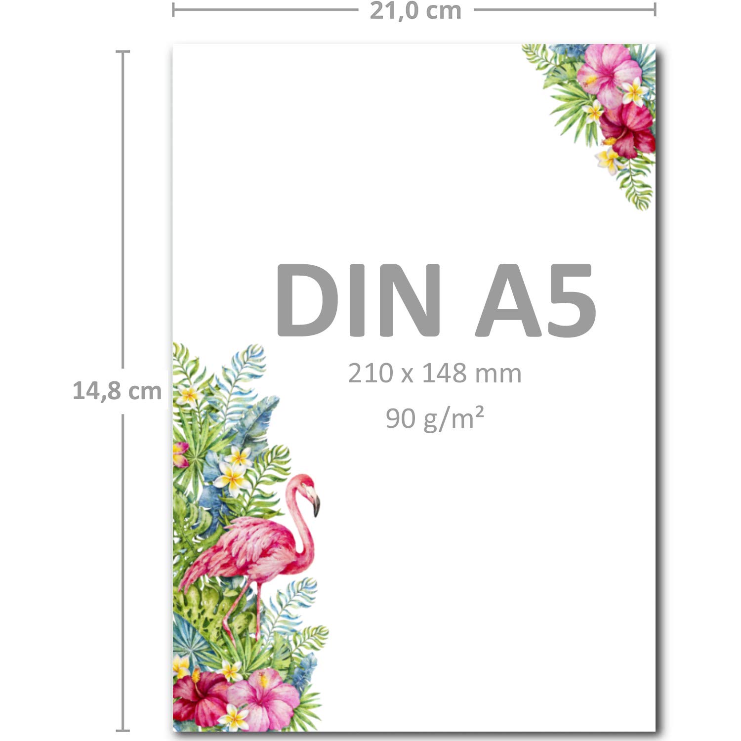 250 fogli per lettere, formato DIN A5, bianco con motivo fenicottero, 90 g/m², 21,0 x 14,8 cm, carta da lettere stampabile, da scrivere