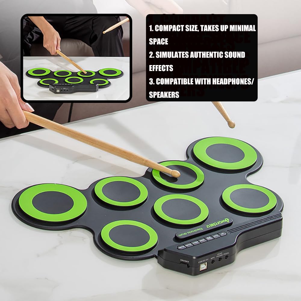 NEWFUN Batterie électronique, Batterie Electronique Adulte, Batterie Electrique Instrument, Batterie électronique Pliable Avec 7 Pads en Silicone, Baguettes et Pédale pour Débutants (green)