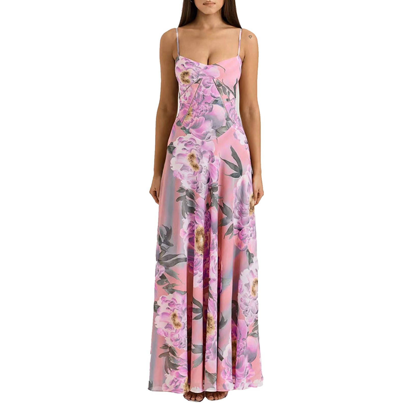 Gxyhjvmfpsc Women's Pink Evening Dress Summer Floral Spaghetti Flowy Long Dress Gown Party Cocktail Gown-M