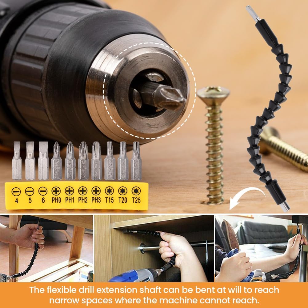 17Pcs Flexible Drill Bit Extension, with 3pcs Rotatable Socket Adapter, 2Pcs Hex Shank 105° Right Angle Drill Attachment, 10pcs Short Screwdriver Bit, 90° Angled Bits and Bendable Drill Bit Extension