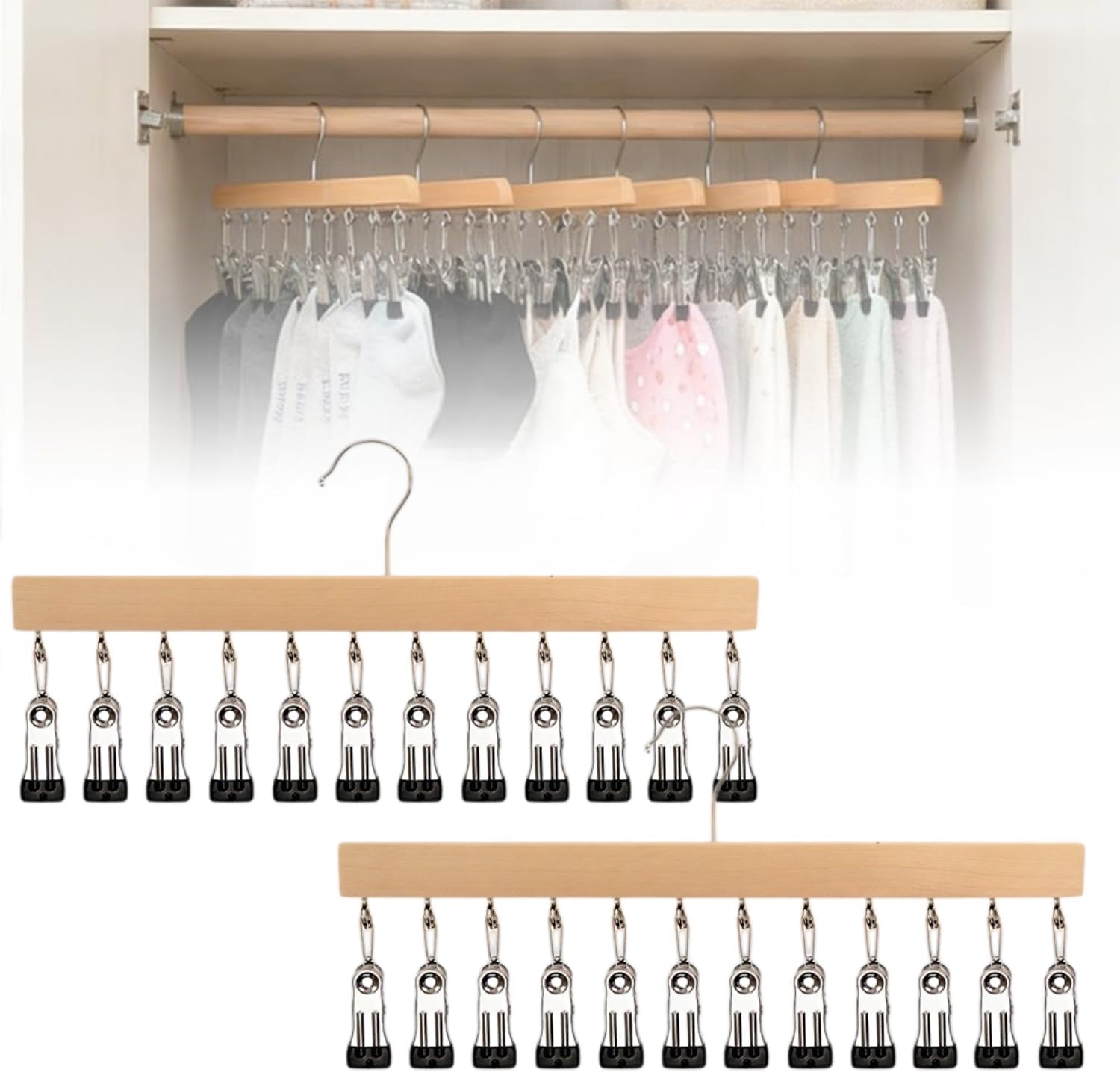 Closet Organizer with 10 Clips, Space Saving Hanging Closet Organizer, Space-Saving Hat Scarf Clothespins for Jeans Skirts Socks Pant Hangers with Clips (Black-12 Clips, 2 PC)