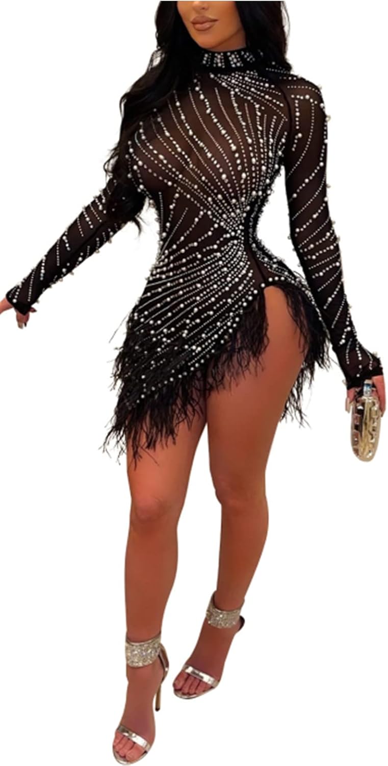 ENOPINK Women Sexy Rhinestone Feather Dress Mesh Sheer Bodycon Long Sleeve Mini Dresses Birthday Outfits Clubwear