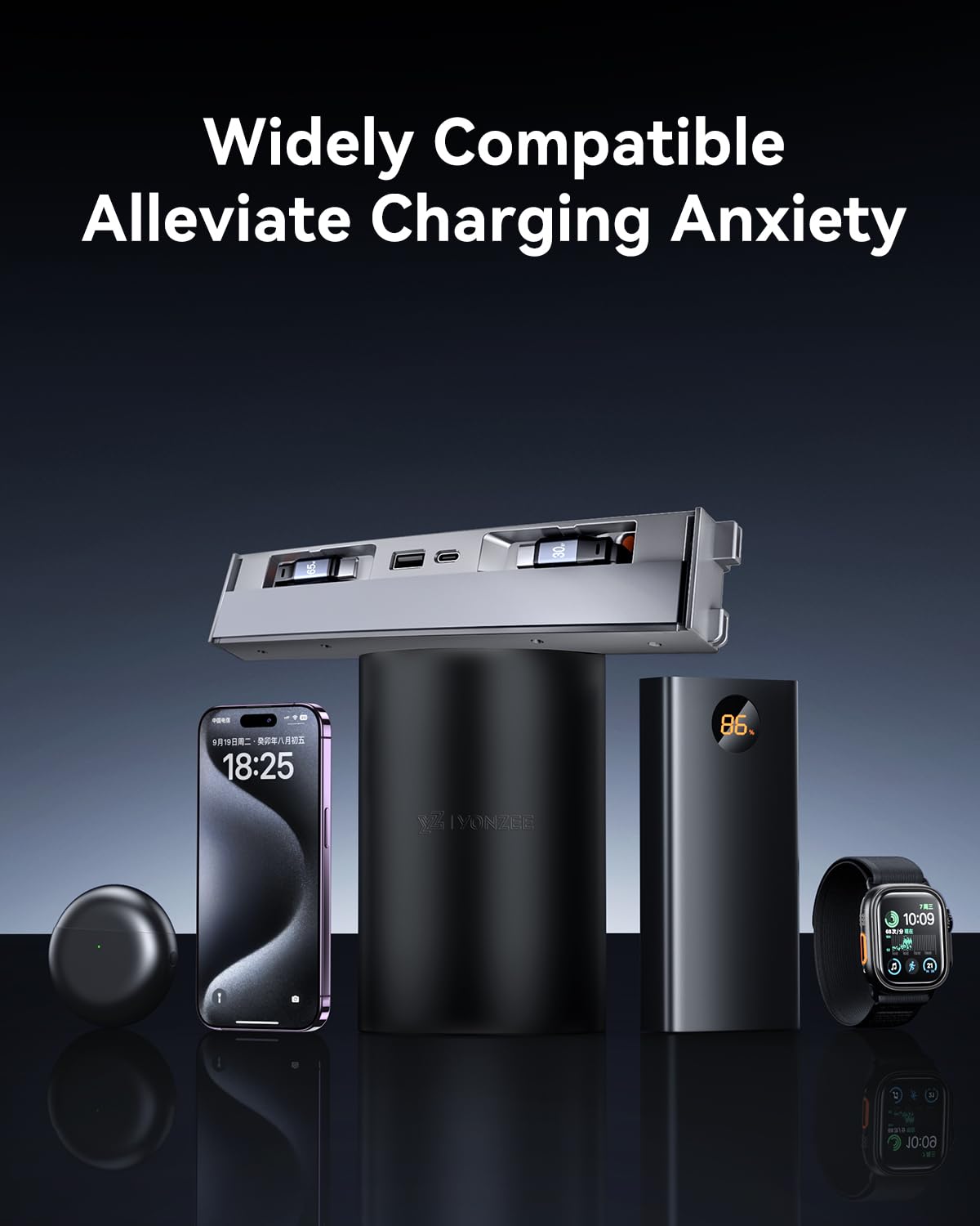 YONZEE Cargador de teléfono USB 4 en 1 para Tesla Model Y Juniper 2026 2025 y Model 3 Highland 2024-2026, carga rápida de 65 W, estación de acoplamiento de consola central con 2 cables retráctiles de