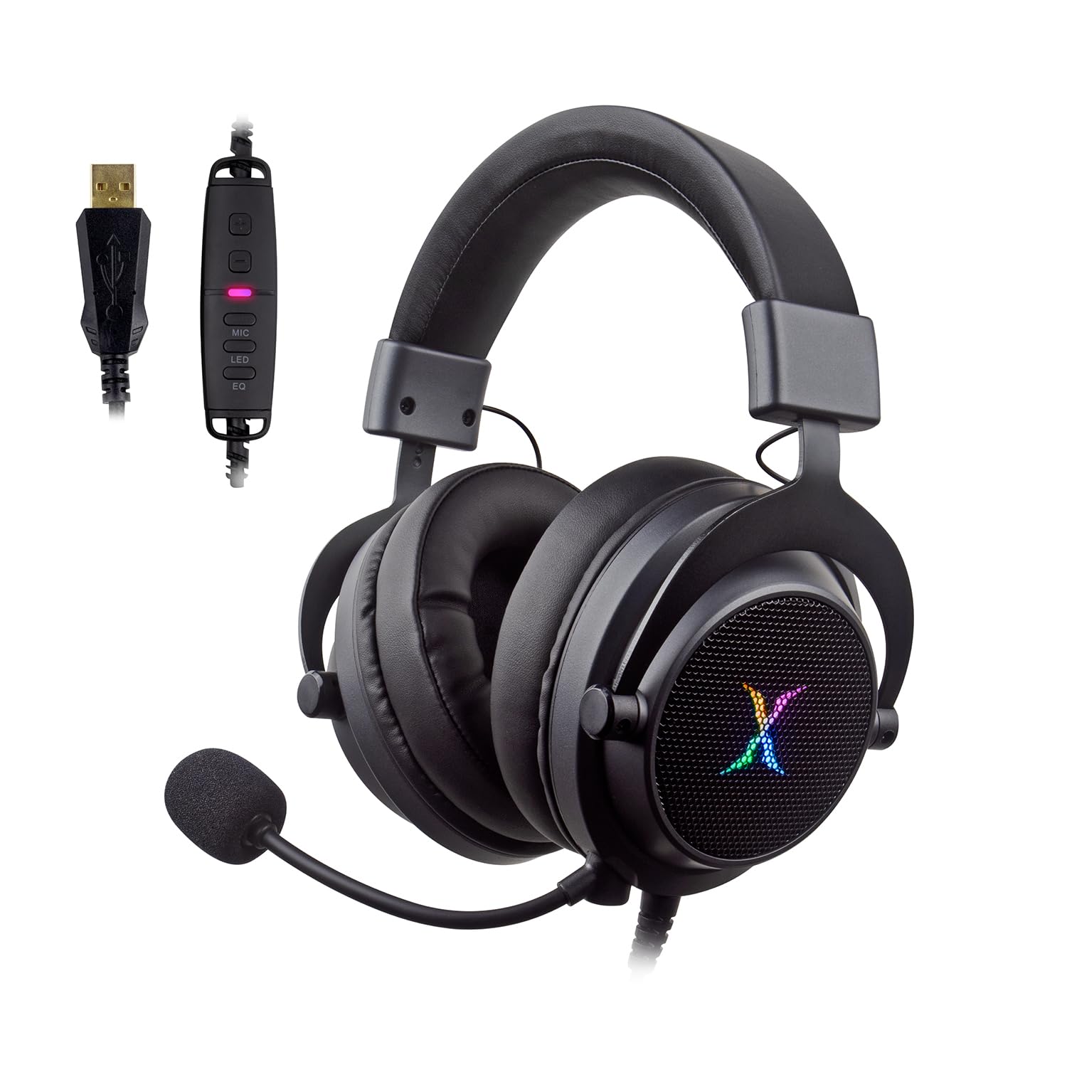 FOXXRAY HAU-37 - Auriculares USB para juegos para PC, auriculares de computadora con micrófono, sonido envolvente 7.1, controladores dinámicos de 50 mm, luz RGB, auriculares con cable para PS4, PS5