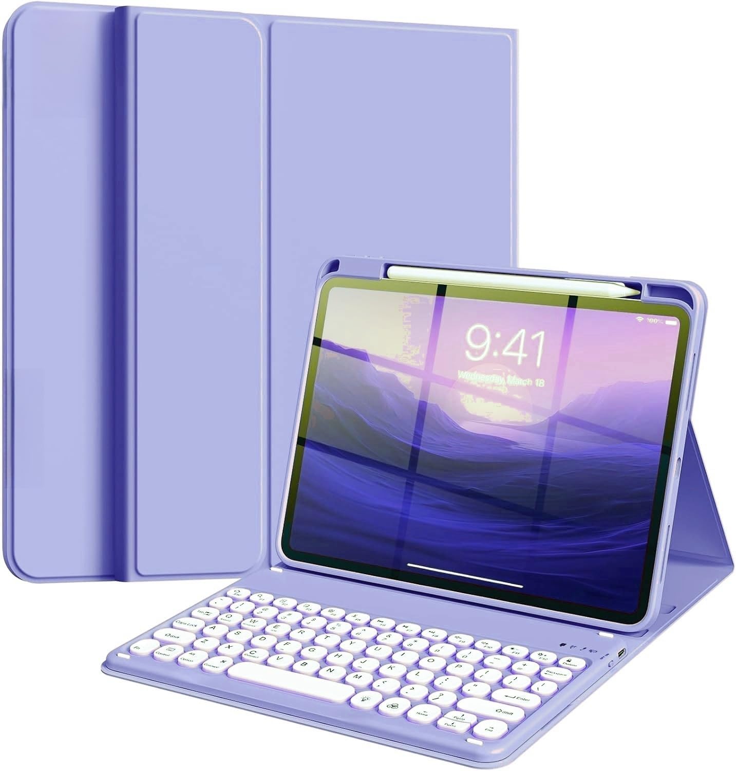 Round Keys Keyboard Case for iPad 9th/8th/7th Generation/Air 3/Pro 10.5,Cute Color Folio Stand Cover with Upper Pencil Holder and Magnetic Detachable Wireless Keyboard，Light Purple