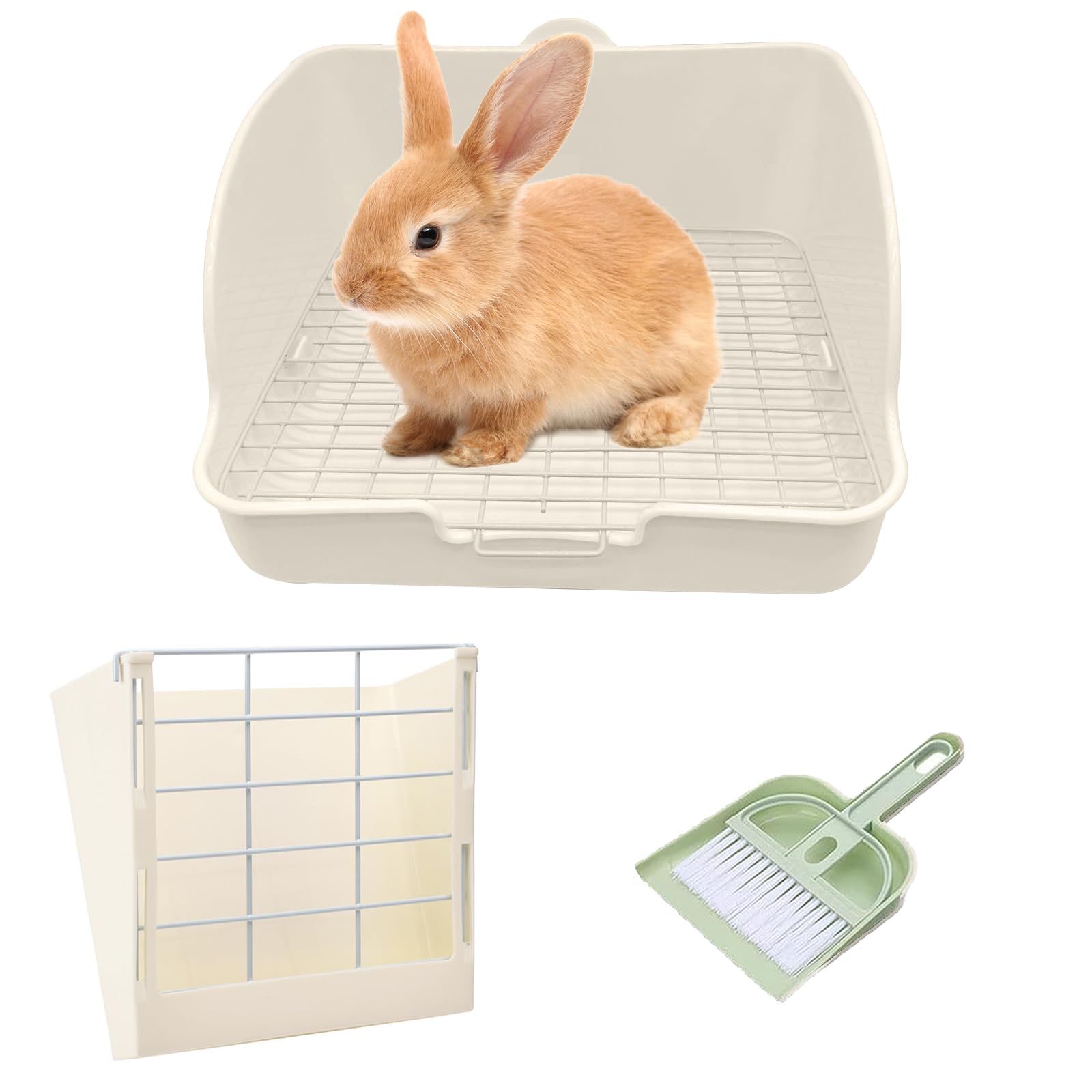 WEWAYKGJ Rabbit Litter Box for Cage Guinea Pig Hay Rack Feeder Rabbits Corner Litter Pan Potty Trainer Pet Toilet Square with Cleaning Set for Hamster, Guinea Pig, Ferret, Bird (White)