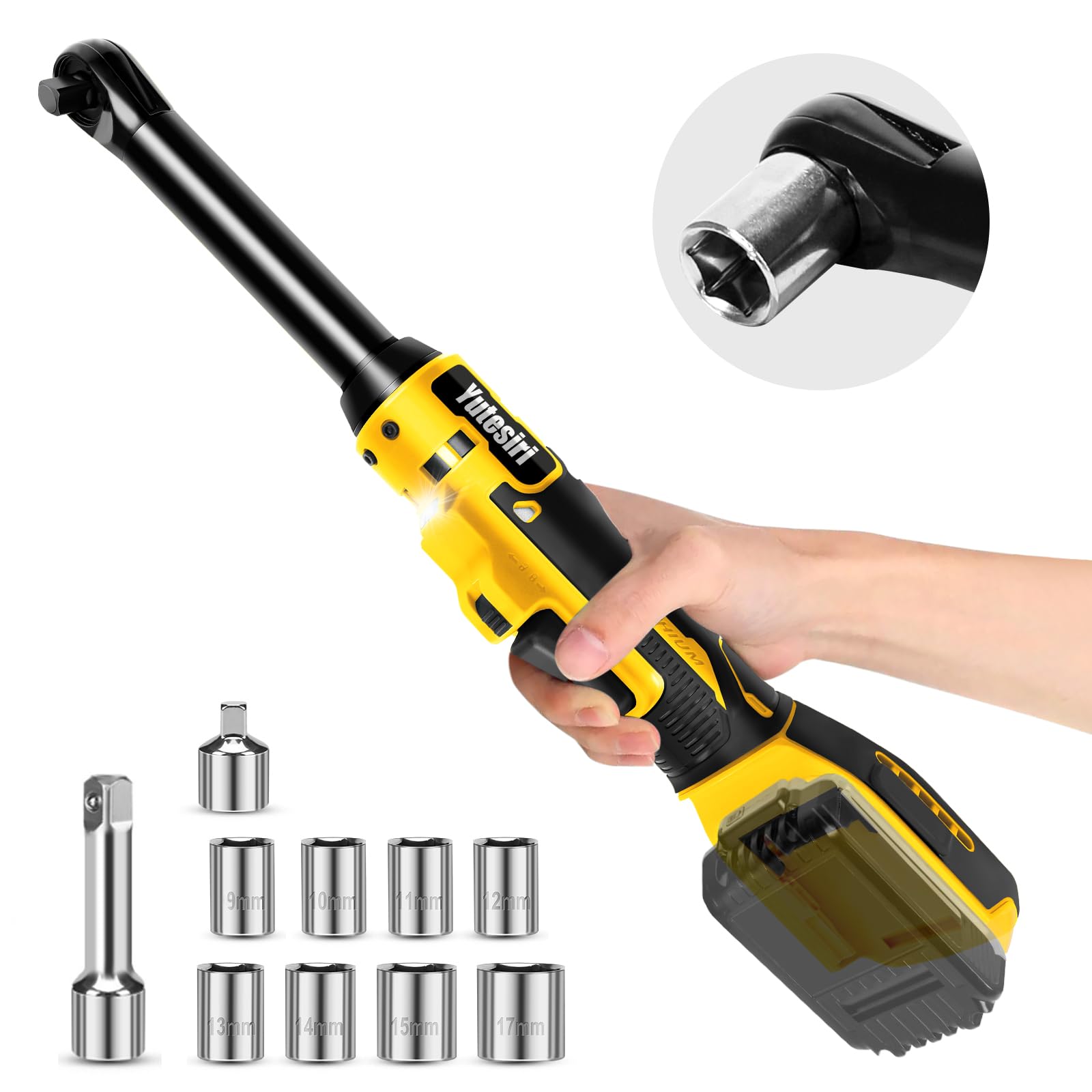 Llave de trinquete extendida inalámbrica de 3/8 pulgadas compatible con batería Dewalt de 20 V, llave de trinquete eléctrica sin escobillas de velocidad variable, 8 enchufes, adaptador 1/4