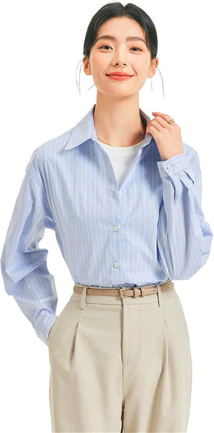 MAFSMJP Womens Boutton Down Shirt Stripe Spring Commute Interview Casual Professional Shirt for Lady