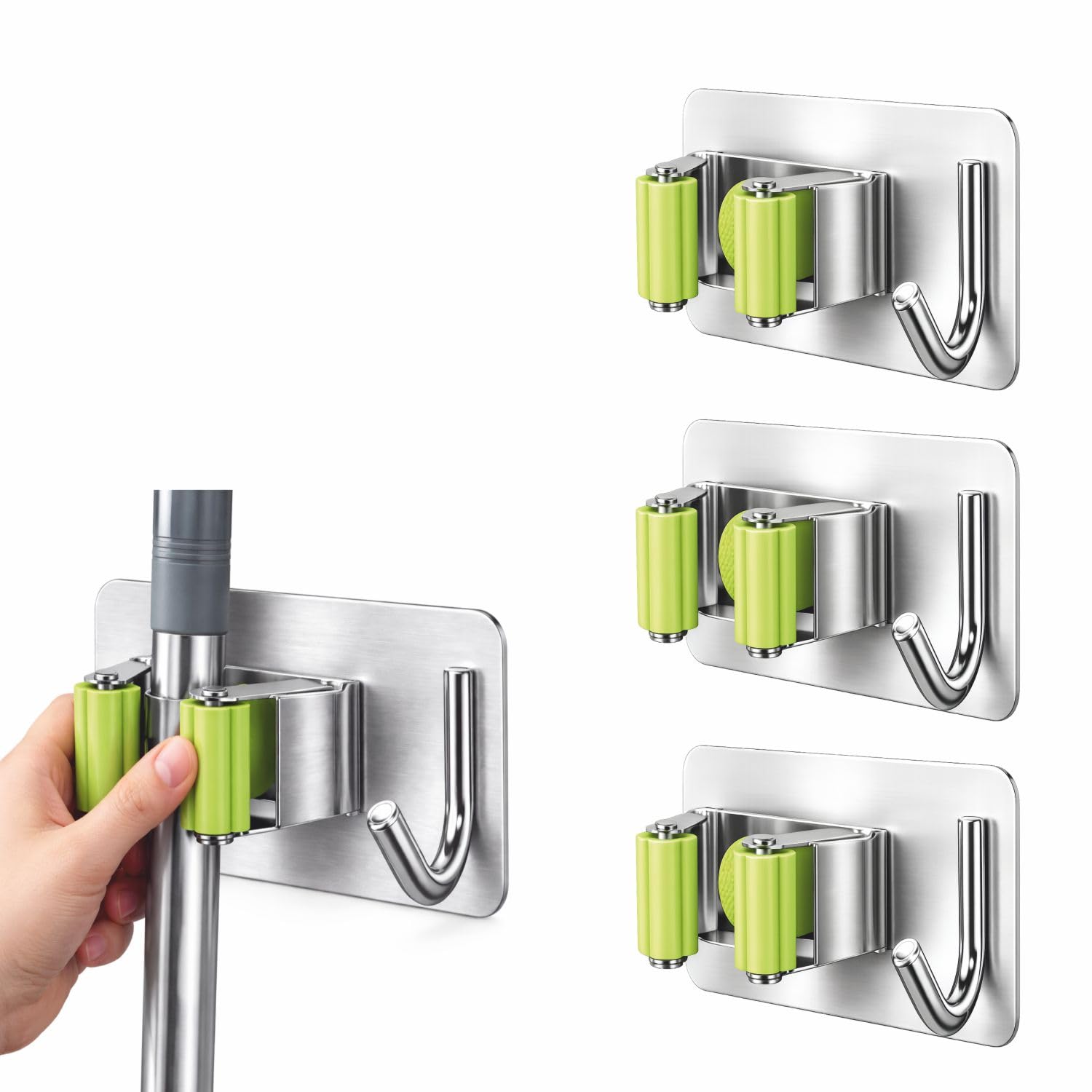 JIALTO 3 Pcs Stainless Steel Broom Holder with Hook - Wall Mounted Adhesive Storage for Brooms and Mops, Organize with Ease | Adhesive Storage Rack for Kitchen & Bathroom - Green