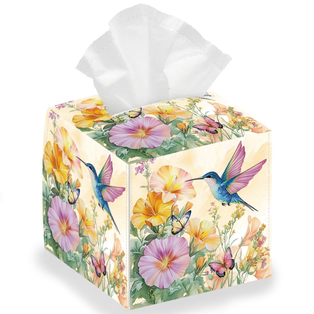 DELORIGIN Multicolor Square Hummingbird Flowers Foldable Tissue Storage Box, Waterproof Paper Towel Case Container Organizer