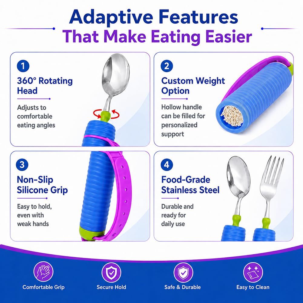 Juego De Cubiertos Adaptables Para Ancianos Y Discapacitados - Tenedor Y Cuchara Giratorios De 360° Con Correa De Silicona Ajustable Y Mango Antideslizante - Utensilios Con Peso