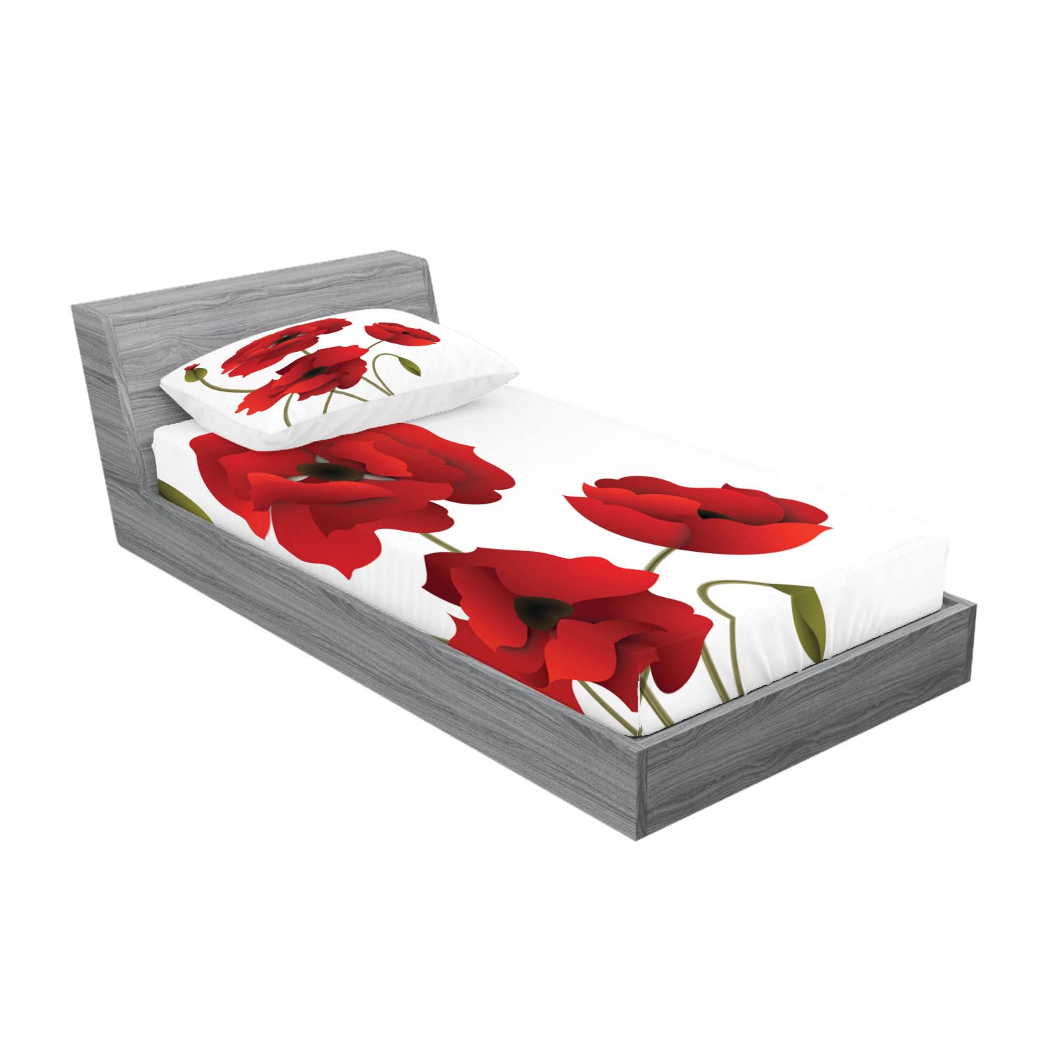 Ambesonne Floral 2 Pack Fitted Sheet & Pillow Sham Set, Flowers Petals and Buds, 4 Pcs Bedding Decor, Package Contains 2 Twin XL Size Fitted Sheets & 2 Pillow Covers, Red Green