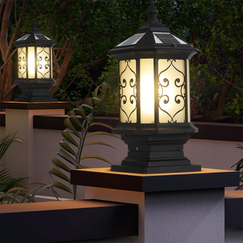 Lampes Solaires D'extérieur Sur Poteau, Étanches, En Aluminium Moulé Sous Pression, Avec Détecteur Crépusculaire Et LED. Lanterne Pilier En Verre Au Style Vintage, Idéale Pour Jardin