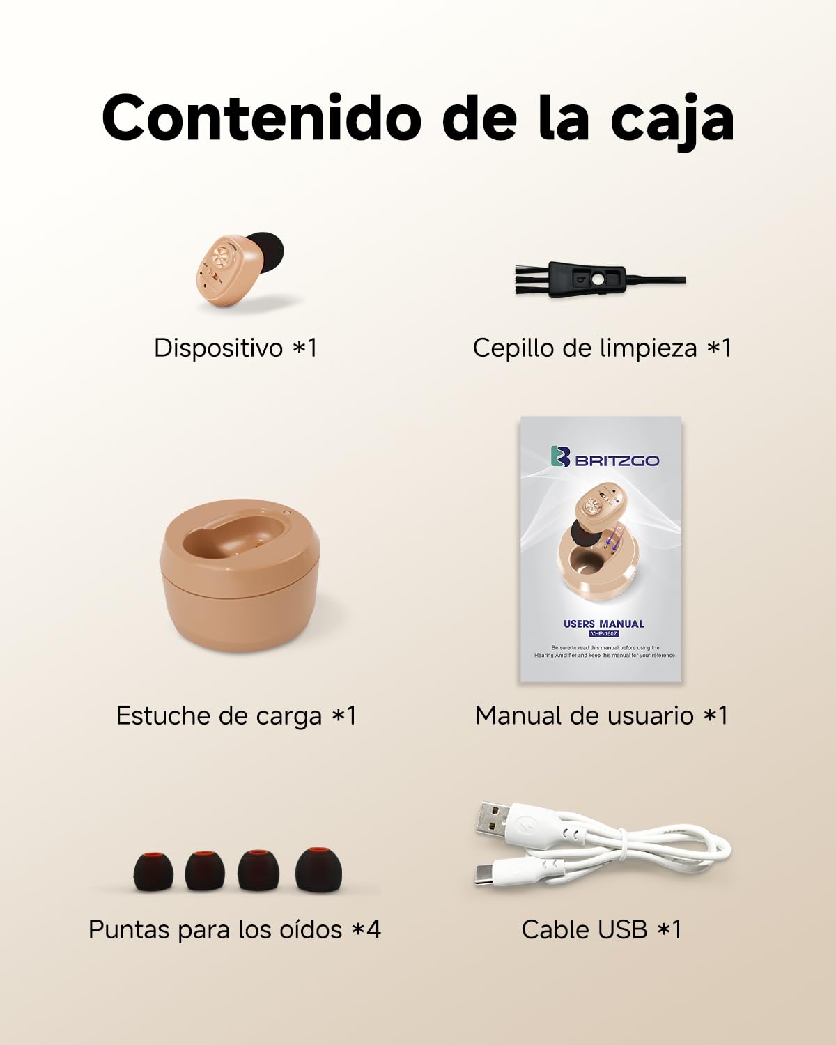 Britzgo Amplificador de Sonido 1607 con Reducción Inteligente de Ruido, Estuche de Carga Portátil, Diseño Ergonómico en L, Hasta 48 Horas de Autonomía y Carga USB (Beige)