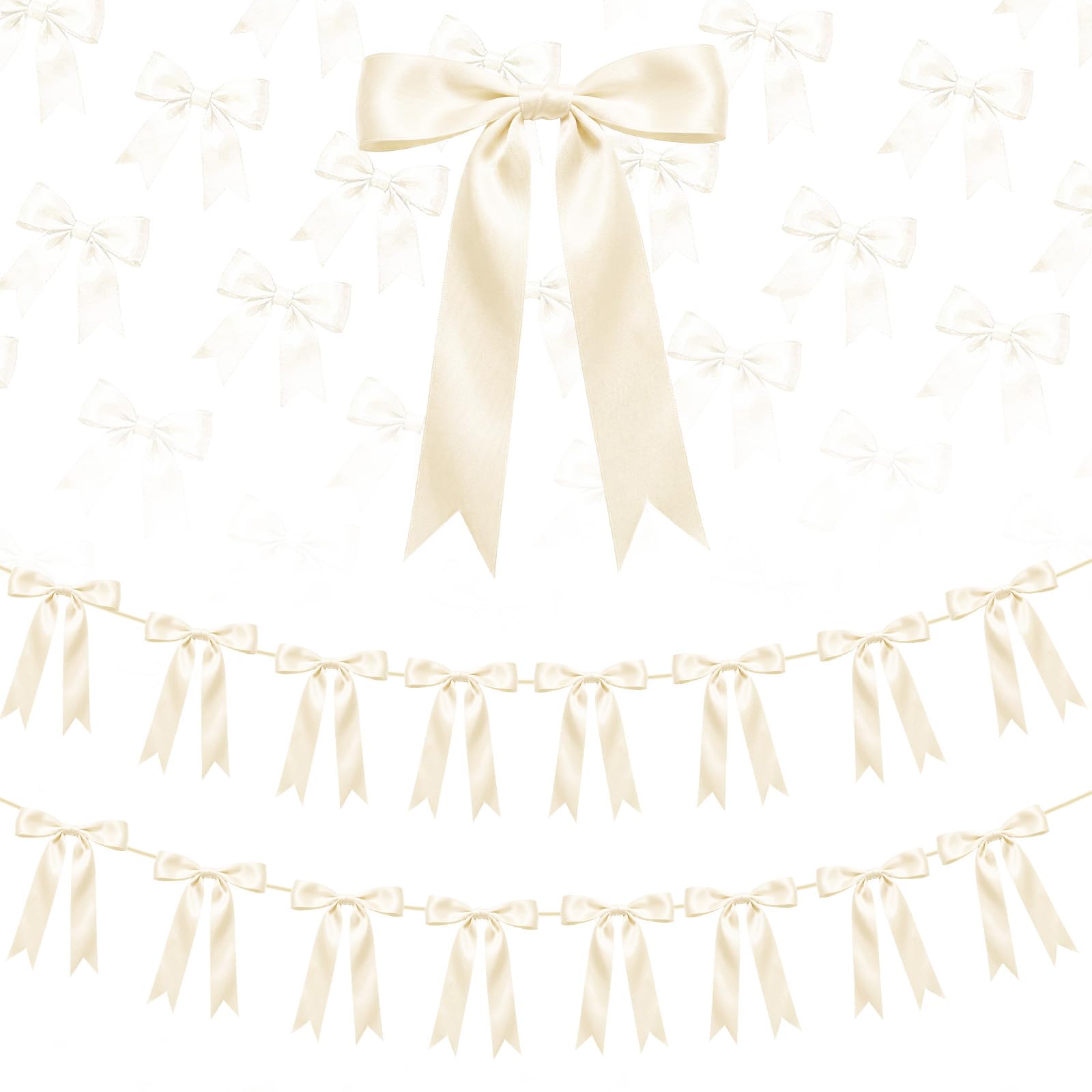 Photo 1 of 2 Strings Cream Bow Garland Banner Decorations, 16Pcs Pre-Strung Satin Ribbon with 6.7ft Chain for Ivory White Ribbon Bow Coquette Room Birthday Baby Bridal Shower Wedding Bachelorette Party Decor