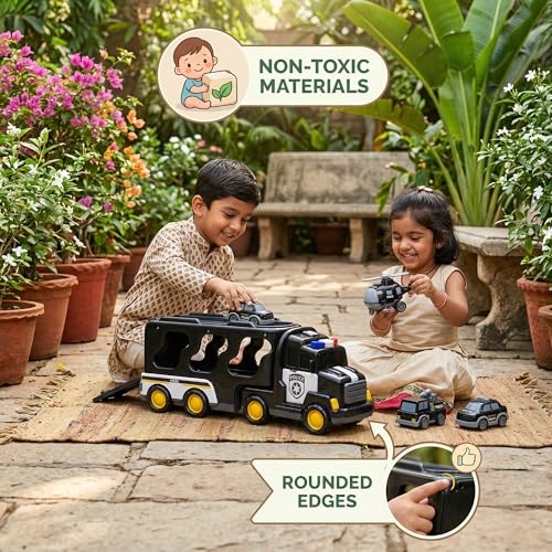 Image of 5 in 1 Police Truck Carrier Toy - Transport Vehicle Play Set for Kids - Fun & Educational Toy for Boys & Girls - Ages 3 to 7 Years - Pack of 1