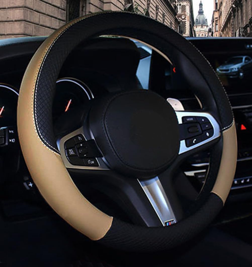 Microfibre Leather Steering Wheel Cover Wavy Line Splice X-Stitch Beige