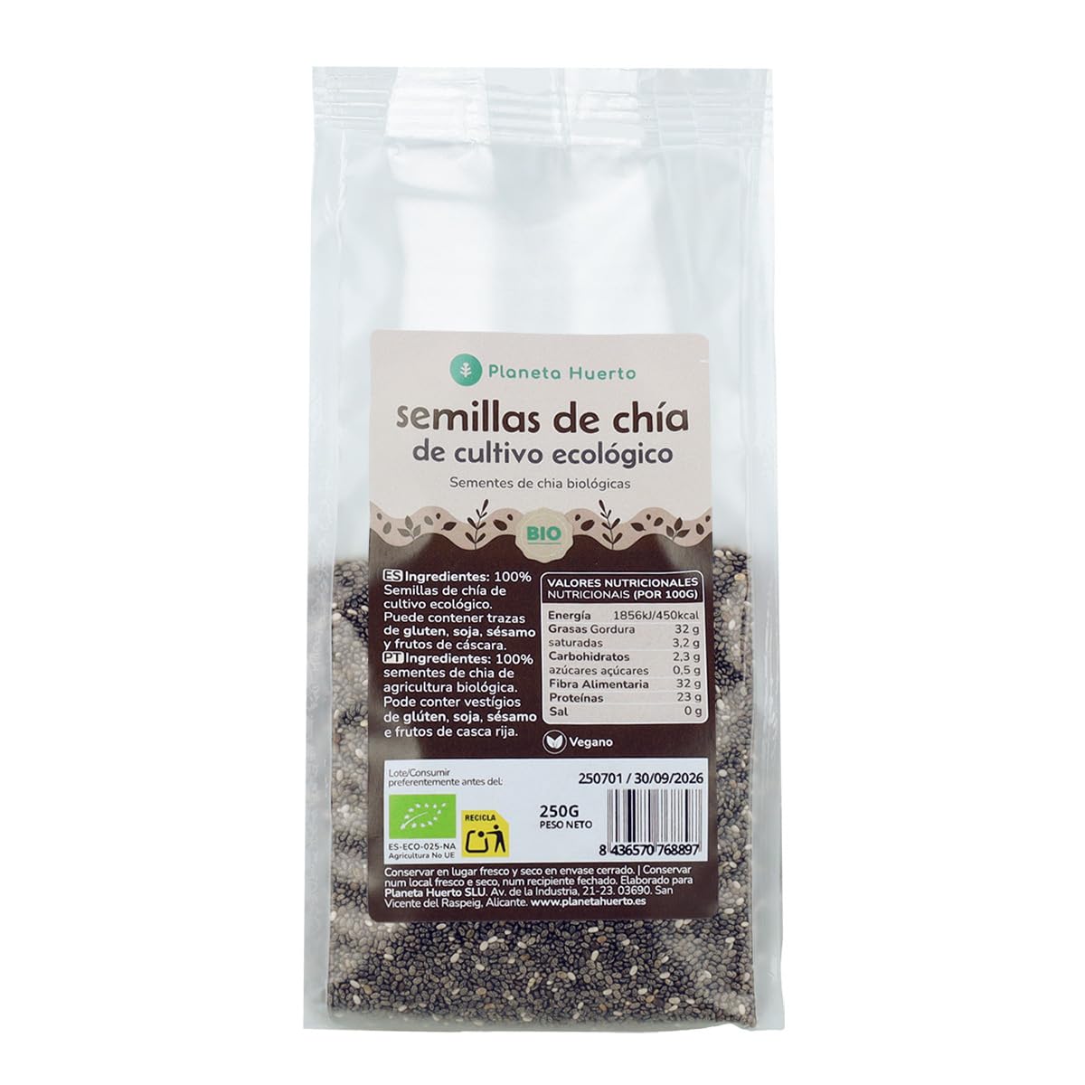 Semillas de Chía ECO 250 g Ecológicas Ricas en Omega-3 Fibra Antioxidantes