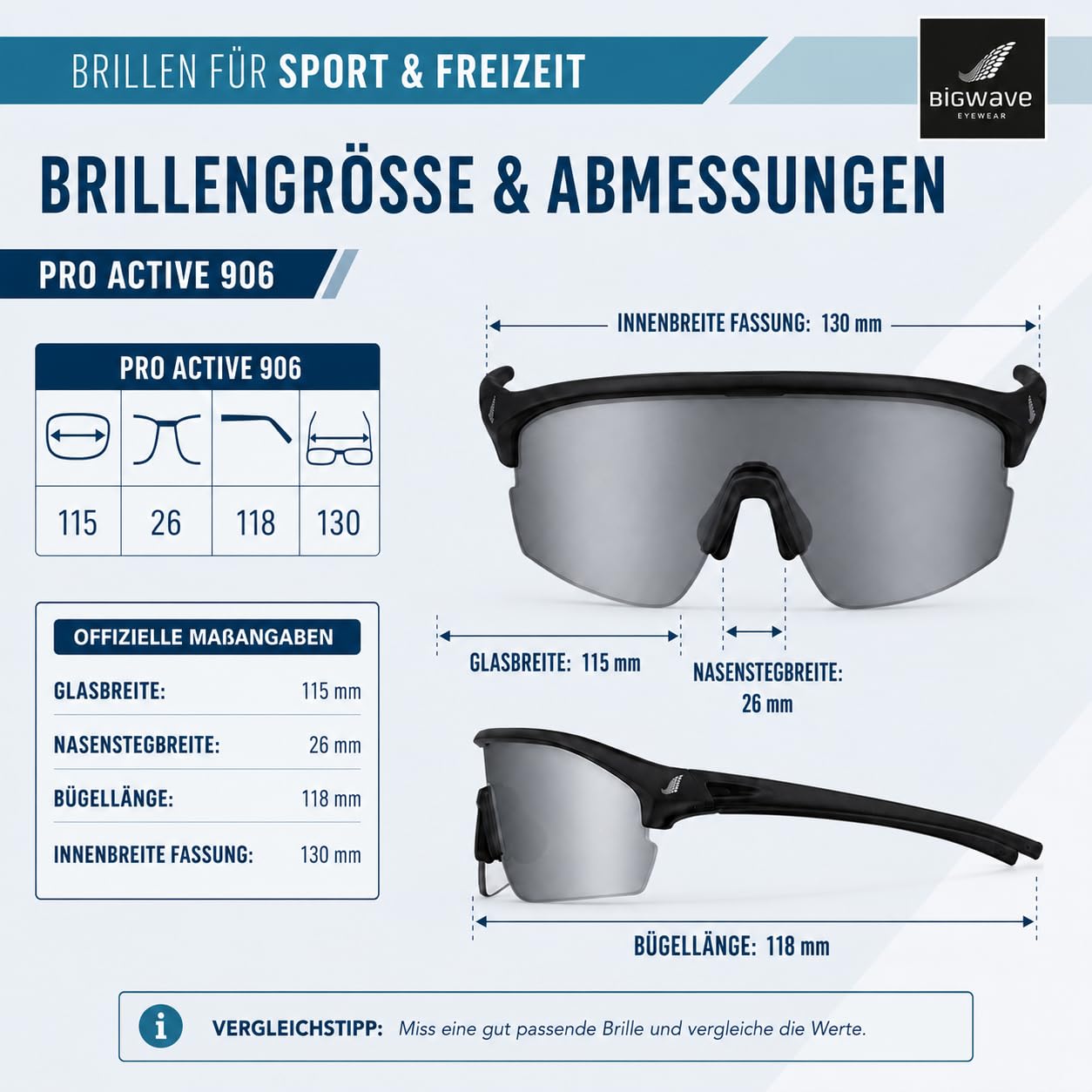 BIGWAVE 906 Sportbrille Schnelle Brille Fahrradbrille Sonnenbrille für Damen und Herren UV400 mit verspiegeltem Gläsern im Shield-Design. Anti-Beschlags-Beschichtung