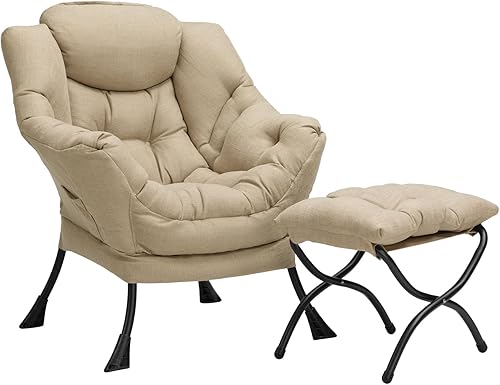 Miniatura 1 de HollyHOME Silla perezosa de tela con otomana plegable, cómoda silla de descanso y reposapiés plegable, sofá de ocio silla de lectura y reposapiés