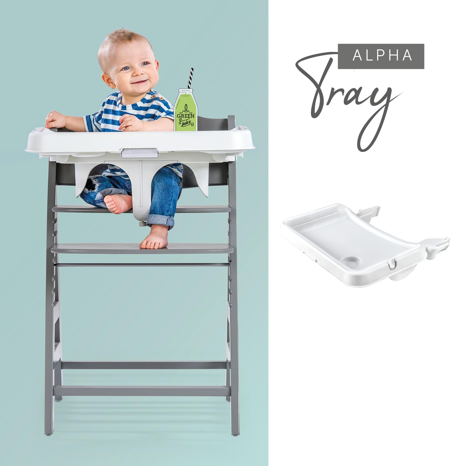 Hauck Alpha Tray 3w1, regulowany stolik z wyjmowaną tacą, z zagłębieniem na kubek i podwyższoną krawędzią; pasuje do drewnianych krzesełek hauck Alpha+ & Beta+