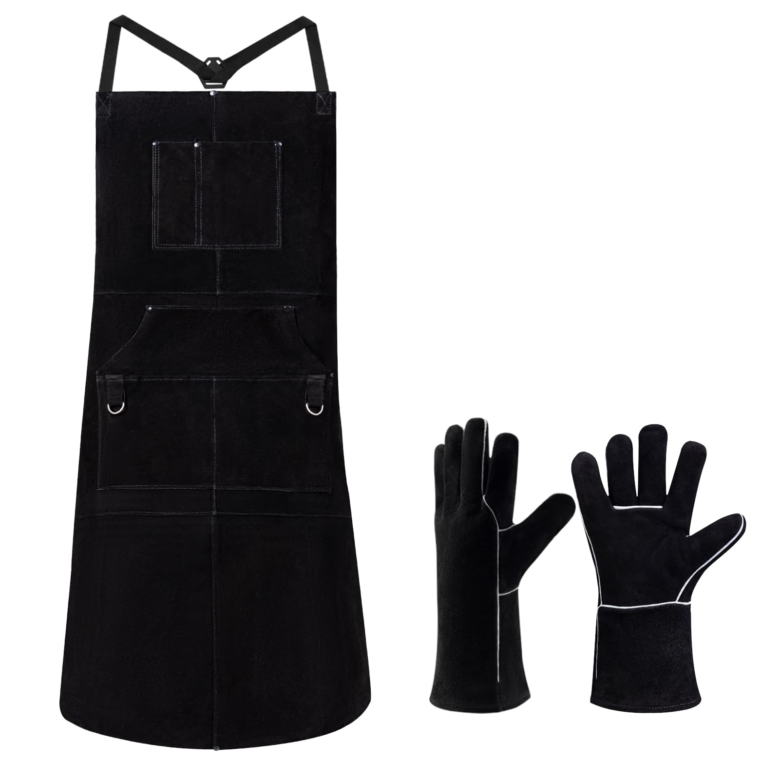 eletecpro Leather Welding Apron & Welding Gloves Heavy Duty Durable - Length 42 Inch 6 Pockets Cowhide Heat Resistant
