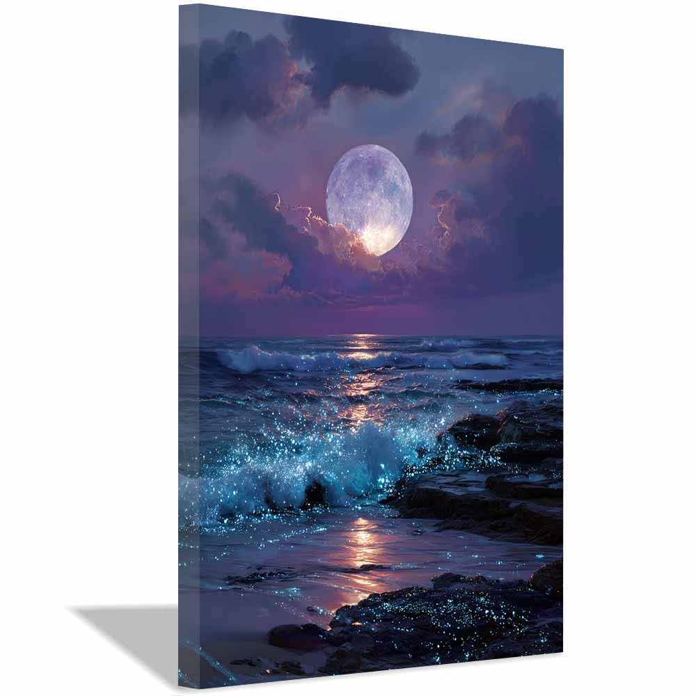 HOQIU Beautiful wall art Glowing Moonlit Ocean canvas artwork for wall, art prints, For living room, bedroom, bathroom, dining room, painting and decor.(Multicolor)-30x40cm Framed