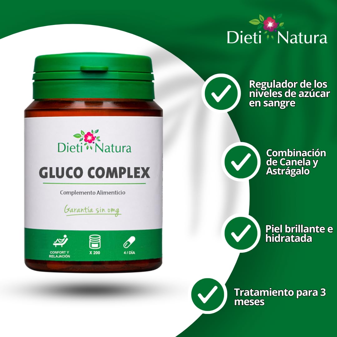 Gluco Complex Dieti Natura - 200 Cápsulas para Estabilizar el Azúcar en Sangre - Suplemento Natural con Canela y Astrágalo - Apoyo para una Vida Saludable y Control de la Glucosa por 3 Meses