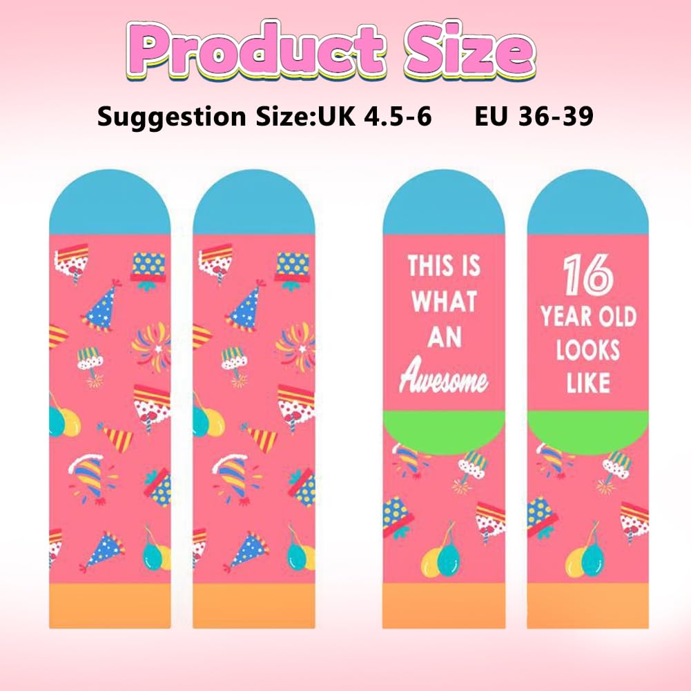 SwirlColor Regalos de cumpleaños de 16 años para las niñas, calcetines cómodos de cumpleaños de las rosados calcetines antideslizantes niña para las hijas de la niña de 16 años