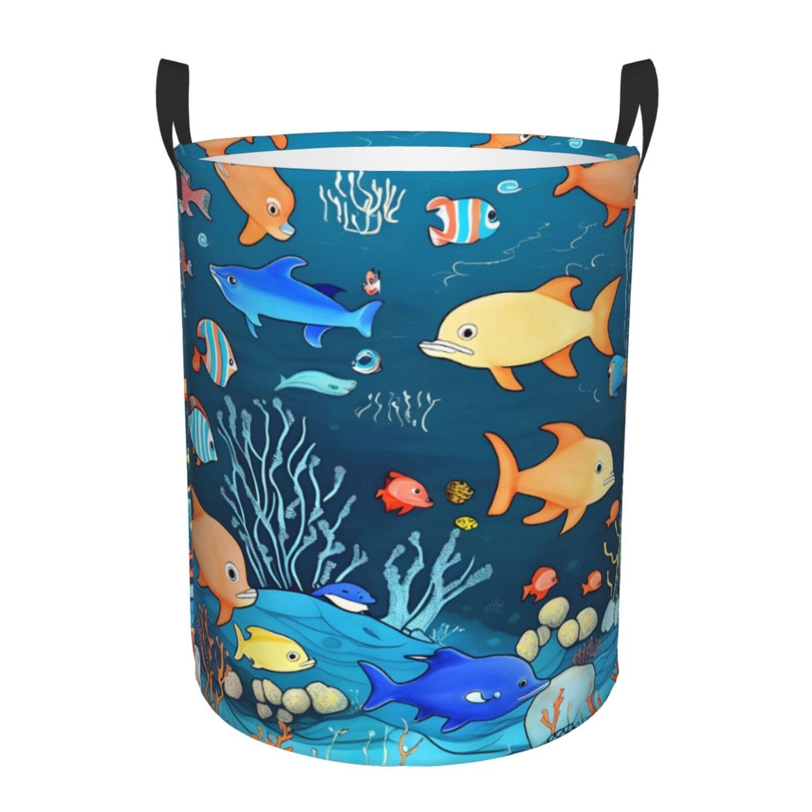 M Collapsible Blue underwater world of fish Print Circular Hamper Round