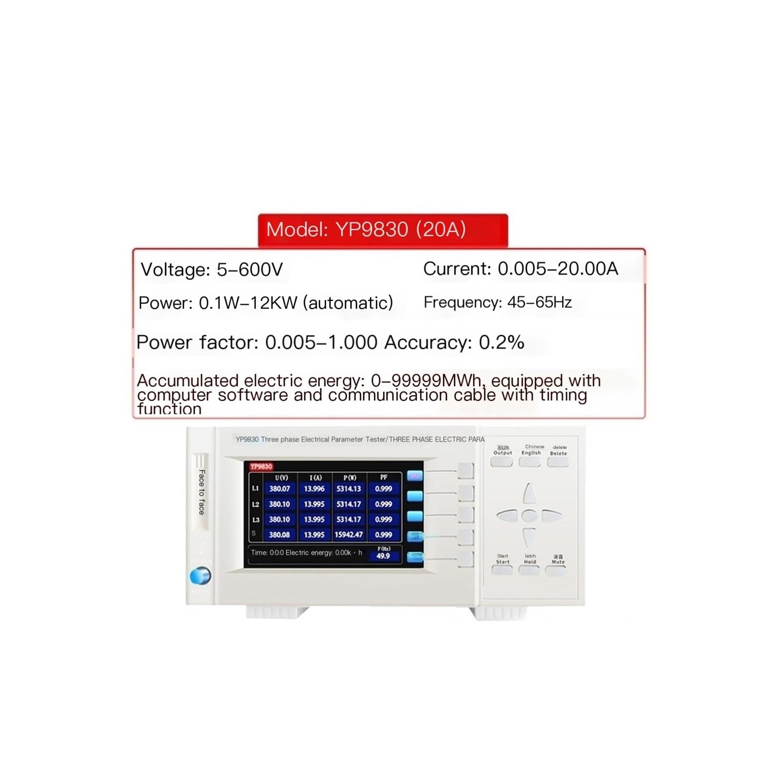 Dreiphasen-Leistungsmesser 20A mit PC-Software YP9830