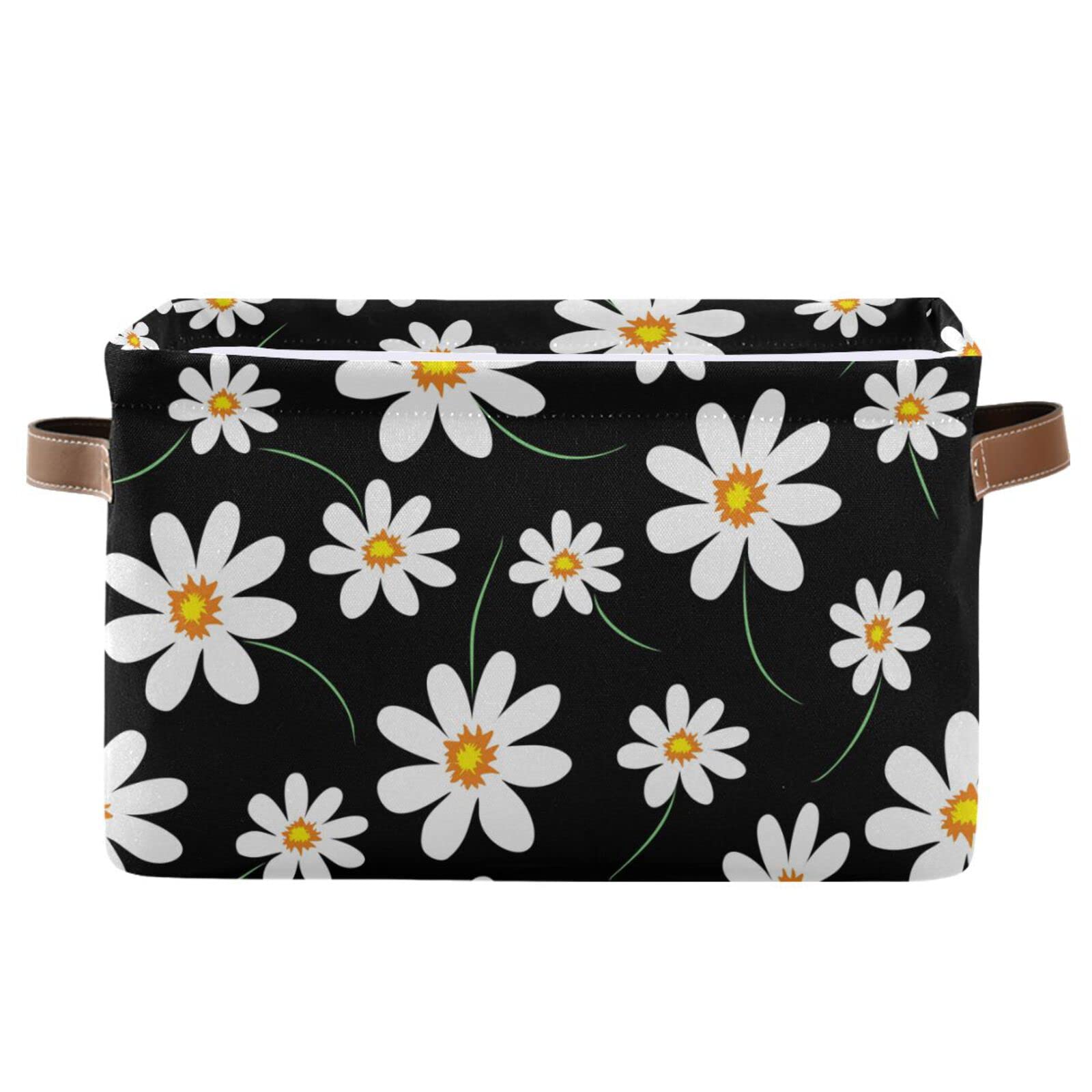 Kigai Daisy Flower Storage Basket Collapsible Rectangle Storage Bin Shelves Basket Organizer with Leather Handle for Closet, Office, Nursery, Home Decor