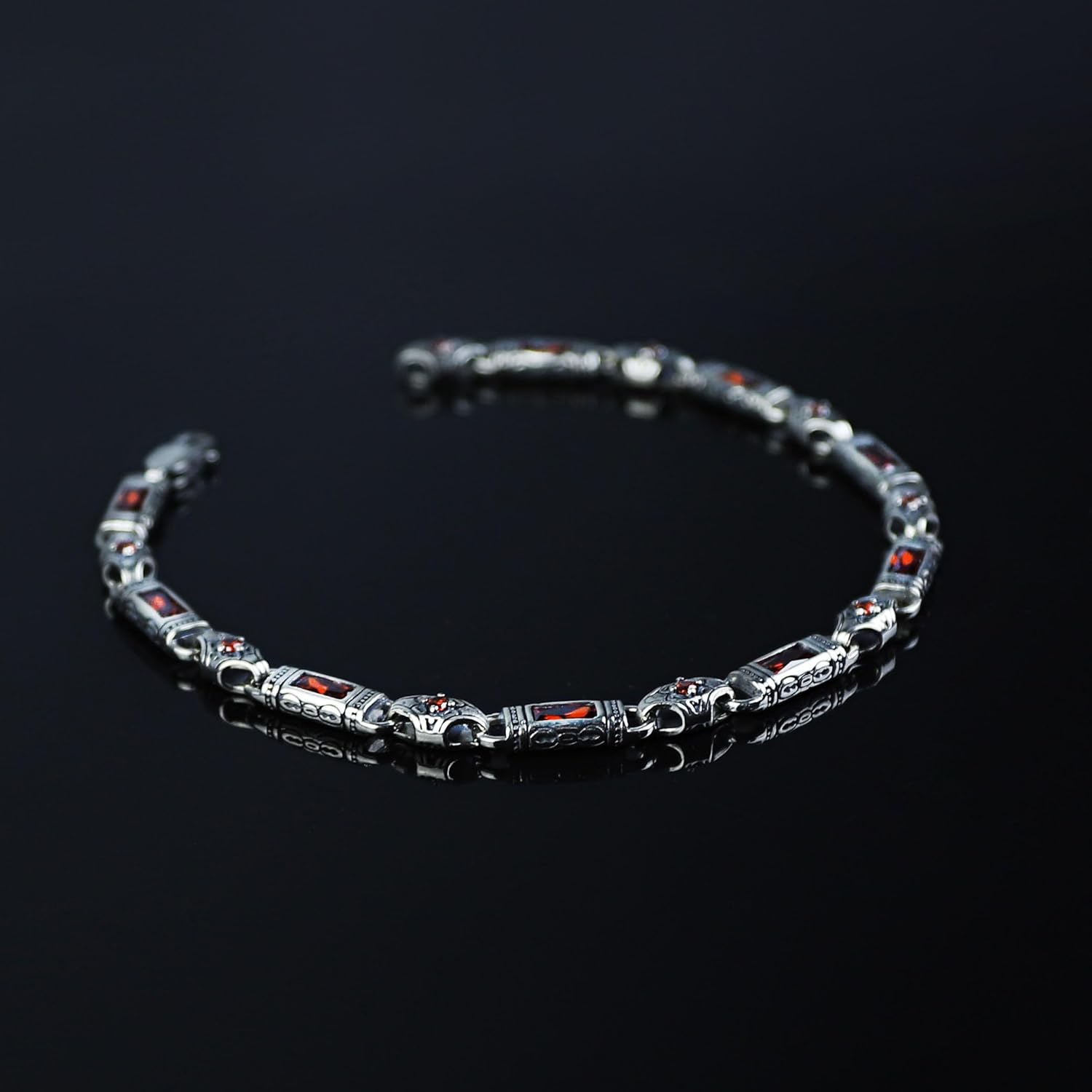 Men Silver Ruby Hand-Engraved Bracelet, Byzantine Chain Mens Ruby Link Chain Men Bracelet