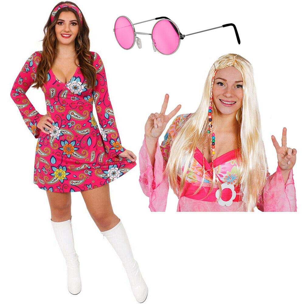 Costume Hippie Donna Anni 60/70 - Abito Floreale Paisley Rosa Con Fascia Per Capelli - Vestito Gogo Per Feste A Tema - 2