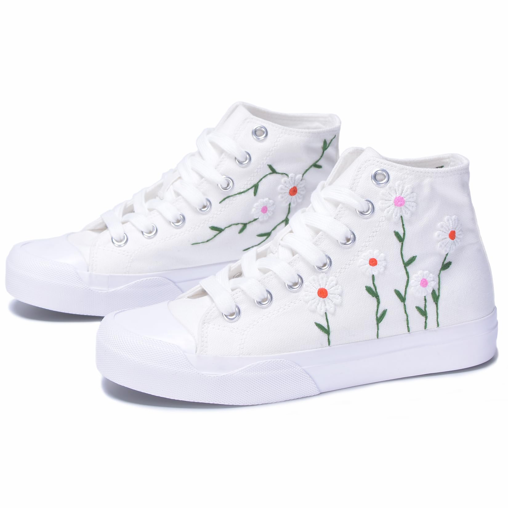 GXZUORUI Women High-Top Fashion Sneakers with Floral Embroidery Birthday Gift Wedding Shoes for Bride White Canvas Tennis Walking Shoes