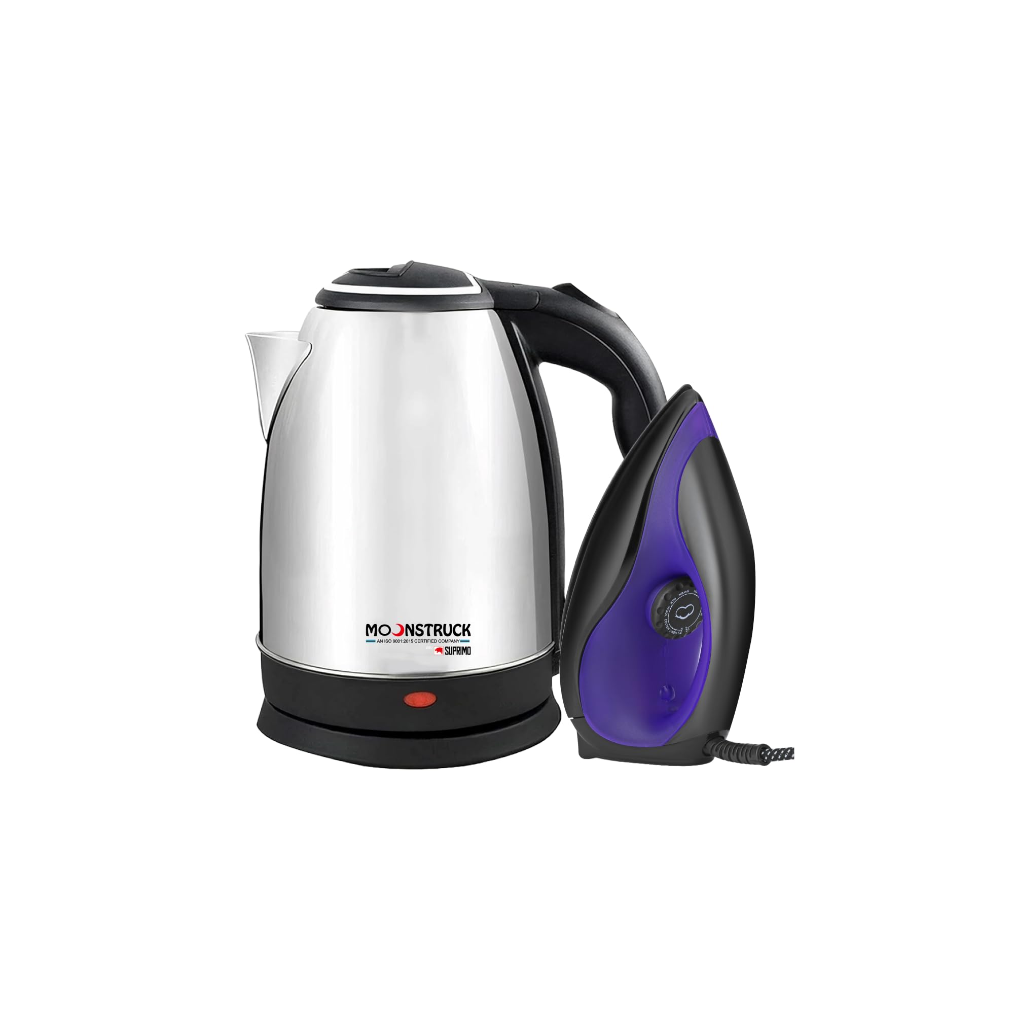 Moonstruck By Suprimo 1.8 Litres Electric Kettle and Blue Dry Iron Combo | Stainless Steel | Automatic Cut-off | Used to Boil Water | Make Tea/Coffee | Instant noodles, soup etc (Silver)