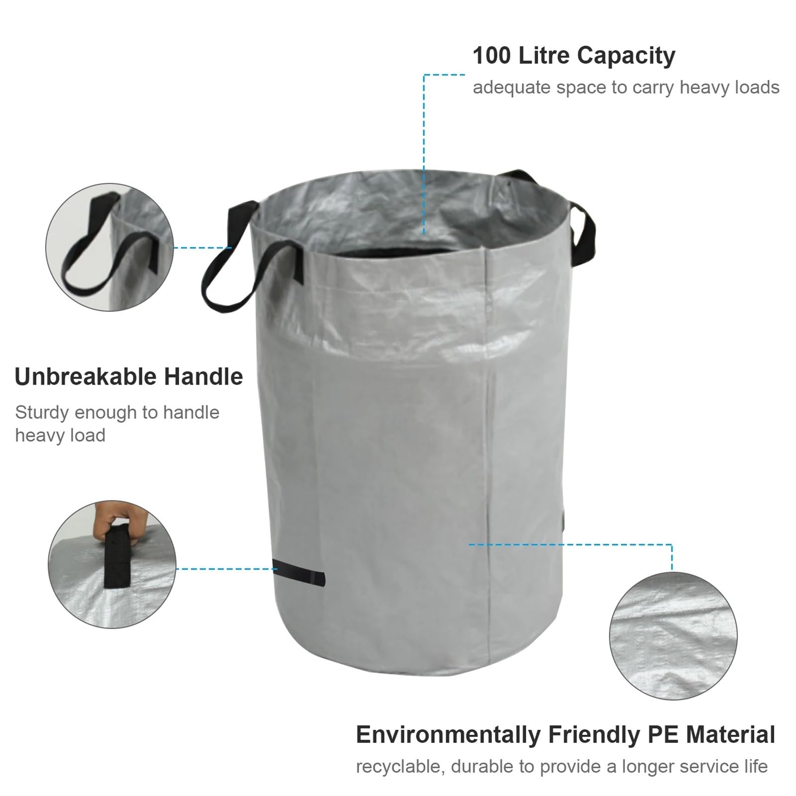 Sacchi per rifiuti da giardino, 3 sacchi for la raccolta delle foglie riutilizzabili da 100 litri, pieghevoli, for la raccolta dei rifiuti da giardino(Silver 3pcs)
