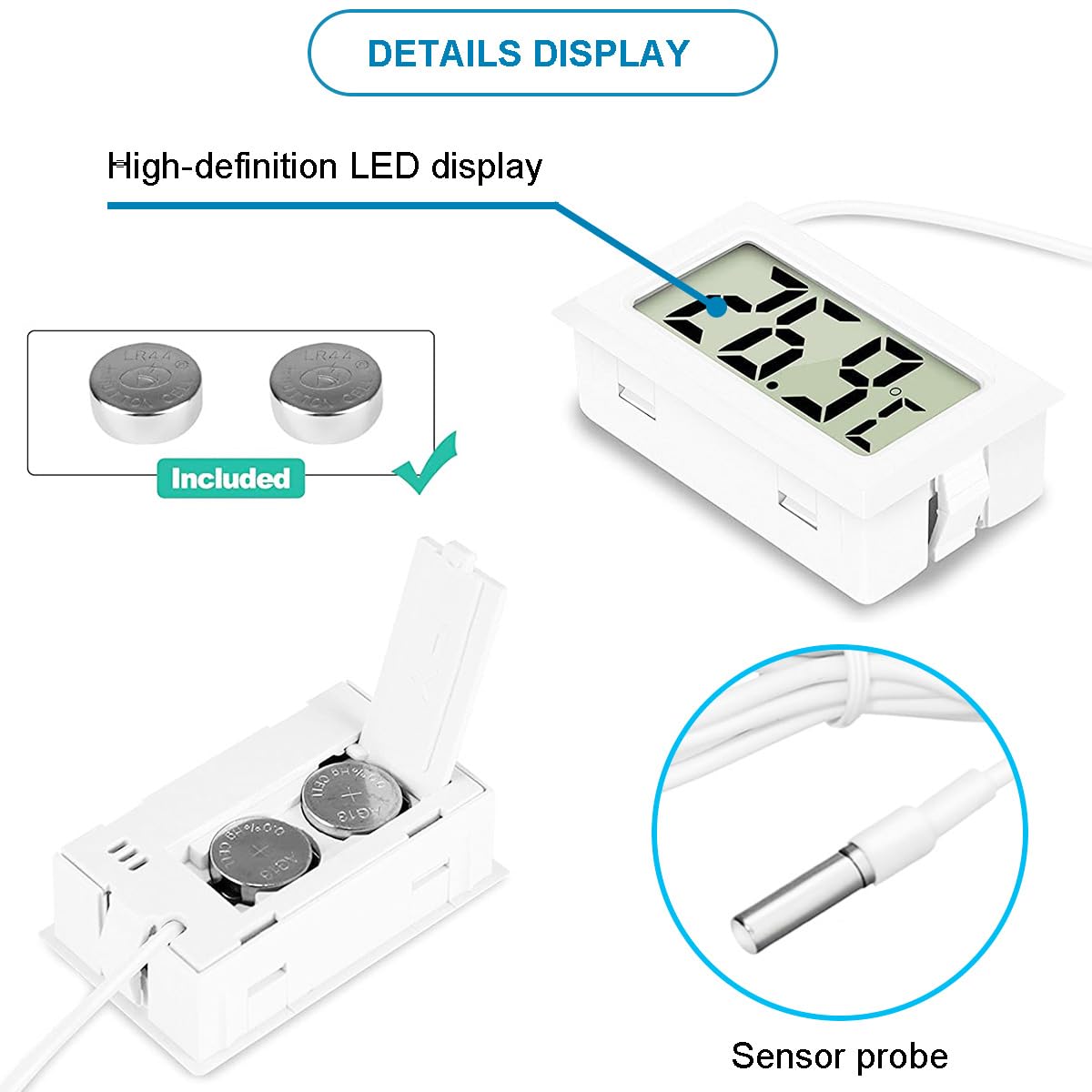 JYUDAUFU 4 pcs Digital LCD Thermometer Monitor with Water-Resistant Probe Extension cable Aquarium Thermometer Celsius(℃) display with Suction Cup Nylon Cable Ties for Fridge Freezer Aquarium - Image 2