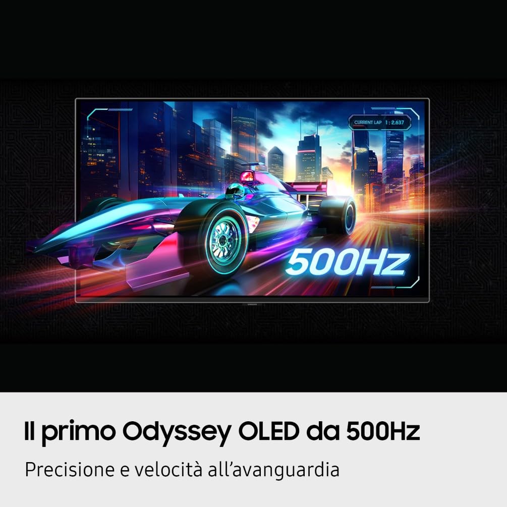 Samsung Monitor Gaming Odyssey OLED G60SF (S27FG602SU), Flat, 27'', 2560x1440 (QHD), 16:9, QD-OLED Glare Free, 500Hz, 0,03ms (GtG), Compatibilità G-Sync, HDMI, DP, Ingresso Audio, HAS, Pivot