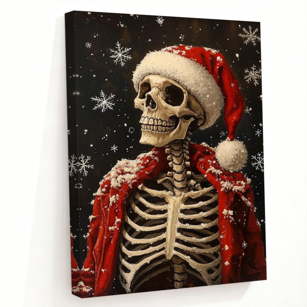 LMYSXAOZ Christmas Skull Canvas Wall Art Santa Claus Picture Prints Skeleton Gothic Painting Halloween Decor Artwork Framed Ready to Hang(Red,24L x 36W)