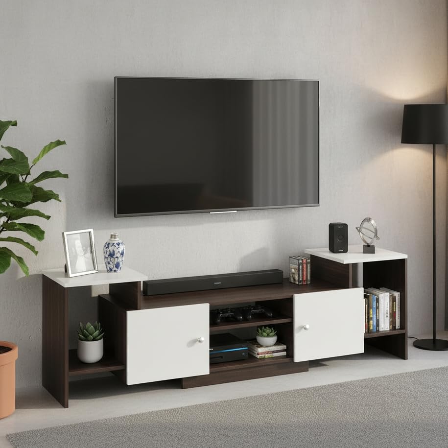 Image of FURNEASER Eptimal Modern TV Unit for Living Room | Engineered Wood Entertainment Center with Storage | TV Stand for 65 Inch TVs | TV Cabinet with Shelves & Doors | Wenge & White