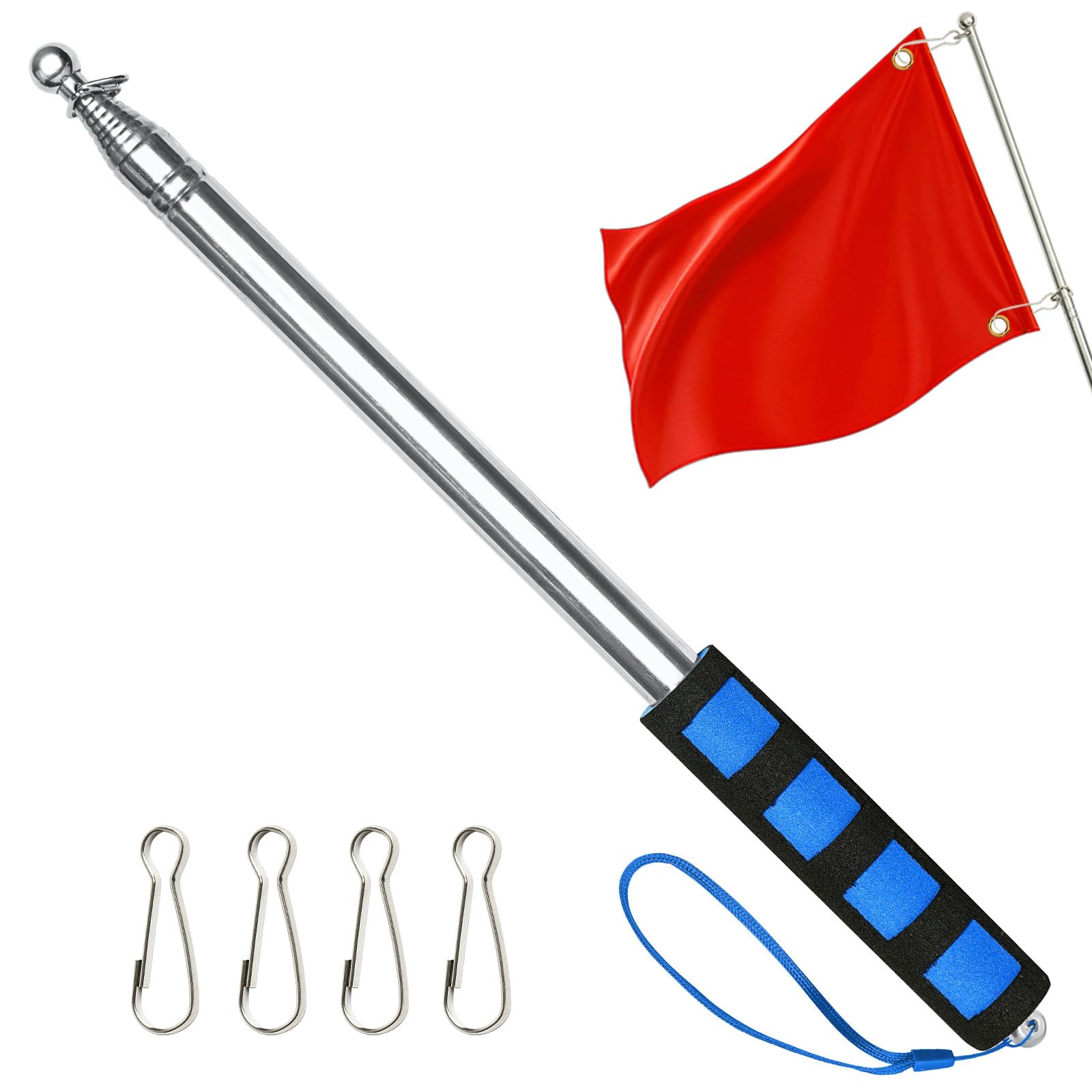 APXEL 8.2ft (250cm) Telescopic Handheld Flag Pole, 1 Pc Stainless Steel Retractable Banner Pole with 4 Grip Clip, Tour Guide Flagpole Pointer Teaching Pointer Stick for Tour Guide Festival (Blue)