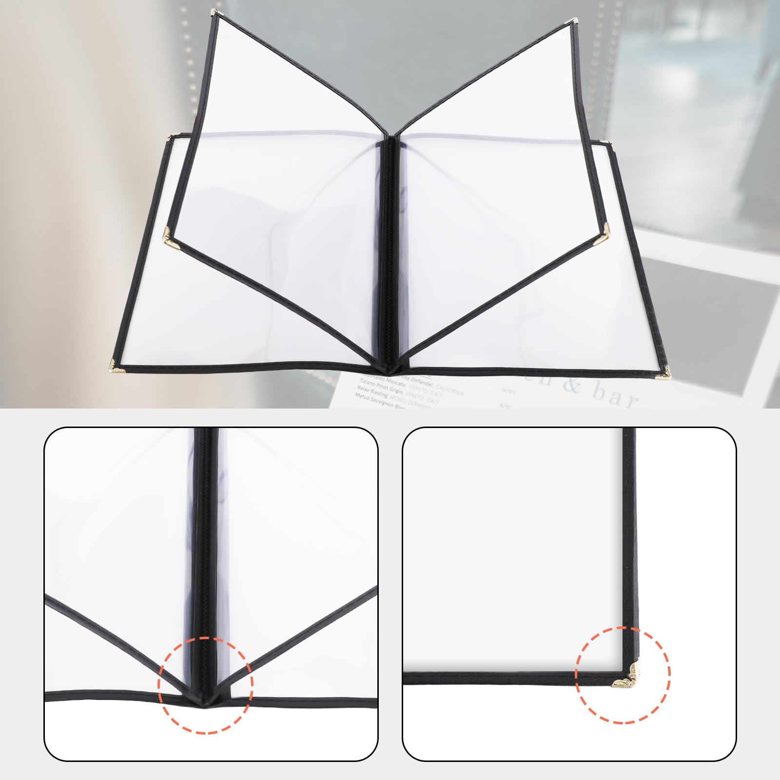 2 Piezas Fundas para Menú, 30x21cm Fundas para Menú de Restaurante Vista de 4 Páginas y 8 Vistas Fundas para Menú Transparentes Se Adapta a Papel Tamaño A4 para Restaurante Hogar (Negro)