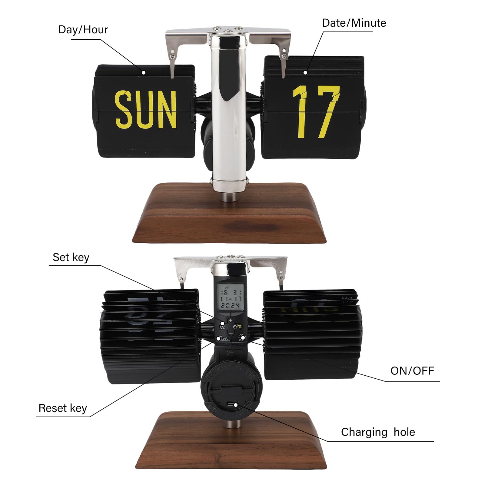 Ausla Orologio da Tavolo Retro a Grande Numero con Flip Automatico, Display Digitale con Batteria Integrata e Ricarica Intelligente, 12 Ore, per Decorazione di (Acciaio Inossidabile)